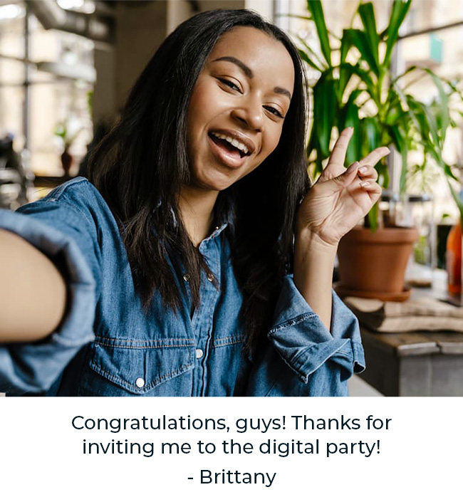 Another example of Hitched guestbook entry Selfie of friend giving the peace sign with caption reading "Congratulations, guys! Thanks for inviting me to the digital party! - Brittany".