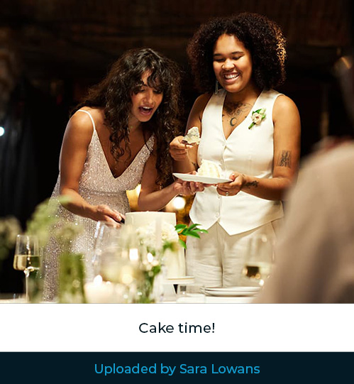 Example of photo uploaded to Hitched platform Image uploaded to Hitched platform of two newlyweds cutting their wedding cake.