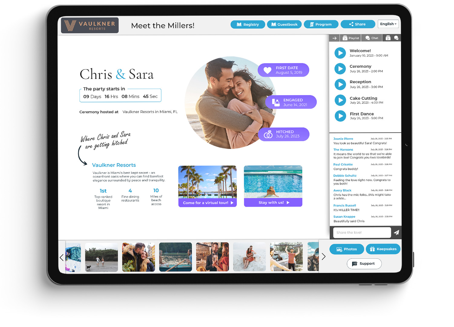 The Hitched platform is shown on a tablet device with callouts next to the logo, hotel highlights, virtual tour video, and booking link.